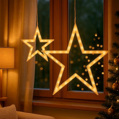 Ideen mit Herz Marco de estrellas LED | 2 unidades | blanco cálido | decoración para ventanas | funciona con pilas | incluye temporizador | 2 tamaños diferentes