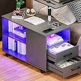 Gurexl Height Adjustable Nightstand with Laptop Tray, LED Bedside Tables with Charging Station, Modern Night Stand Side Table with Human Body Induction (Grey)