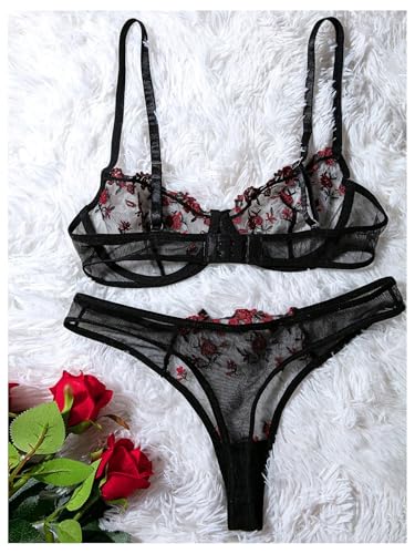 ROSVAJFY Sexy Dessous-Sets für Damen Blumen Bestickt Netz 2 Teiliges Unterwäsche Set Bügel BH und Slip Set Transparent Spitze Reizwäsche Flirty Lingerie Frauen Babydoll Dessous S-XL (Schwarz, XL)