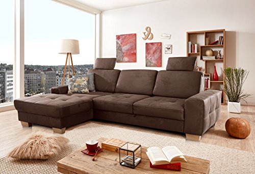 Cavadore Ecksofa Puccino mit Federkern, Schlaffunktion, verstellbarer Sitztiefe und 2 Kopfstützen / Sofa in L-Form im Landhaus Design / 281 x 86 x 178 cm / Mikrofaser braun – Bild 3