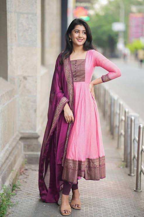 Image of Women's Vichitra Silk Anarkali Gown with Dupatta, Pink, Jacquard Zari Weaving, Designer Party Ethnic Wear