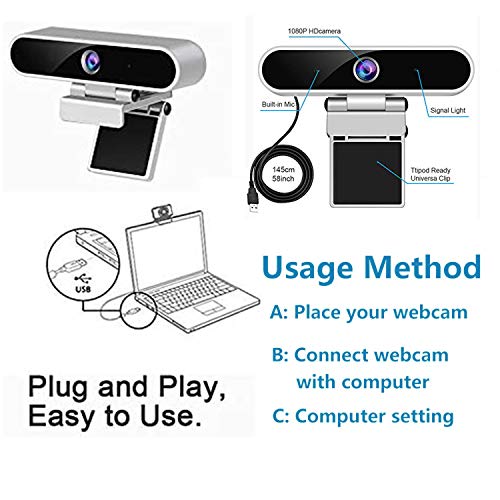Webcam with Microphone 1080p HD USB Camera 30fps Streaming Webcam with Tripod and Privacy Cover,Plug and Play for Desktop/Laptop/Mac,Video Conferencing/Calling/Gaming and Skype/YouTube/Zoom etc.