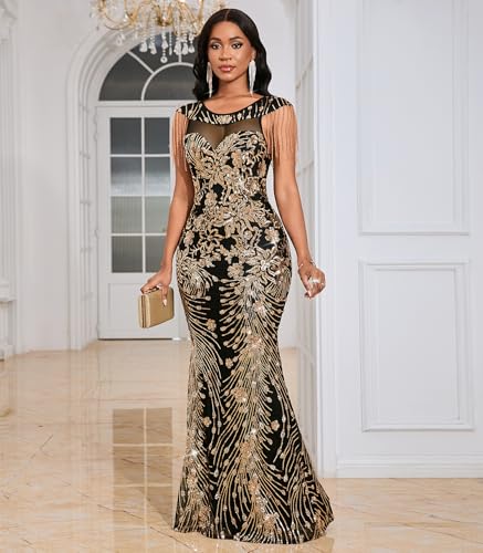 Image of Cololura Women Sexy Sequin Mesh Perspective Bodycon Party Cocktail Evening Gown Maxi Dress