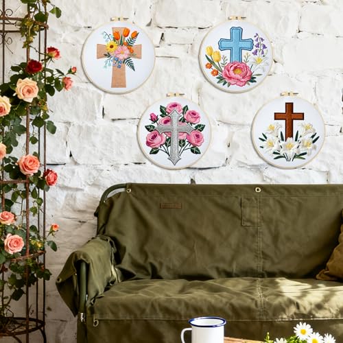 Image of BEUNITONE 4Set Cross and Flowers Pattern Embroidery Kit for Adult Beginners | DIY Cross Stitch Kits, Complete Needlepoint Kits for Adults, Handmade Embroidery for Gifts, Fabric and Home Decor 20x20cm