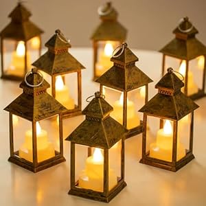 Romadedi Mini Lanterns Decorative for Centerpiece -10 PCS Hanging Small Gold Lantern Bulk with Flickering LED Candles for Wedding Table Decor Halloween Decorations Christmas, Batteries Included