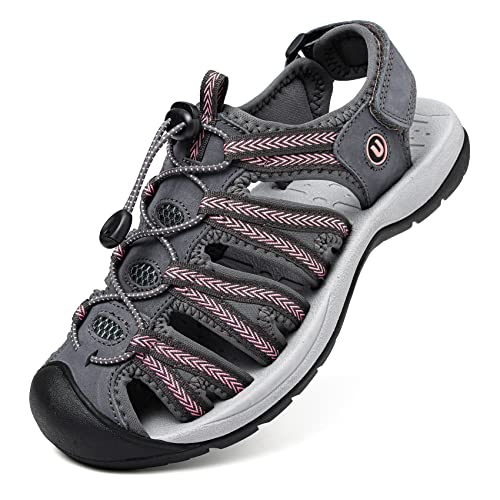 Unitysow Sandalias Deportivas de Mujer Verano Sandalias Trekking Al Aire Libre Cerrado Sandalias Senderismo Sandalias Andar Comodas Sandalias Playa,Rosa Gris,39 EU