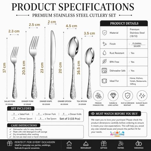 Image of Floral Silver 15 Pcs Stainless Steel Cutlery Set for Dining Table, Dishwasher Safe Glossy Flatware (3 Spoon Set+3 Forks Set+3 Butter Knife+3 Dessert Spoon+ 3 FruitFork)