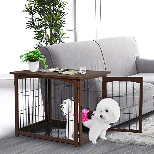 Pawhut 4 In 1 Furniture Style Dog Crate End Table, Pet Gate, Dog Fence With Removable Top, Brown #TOP1