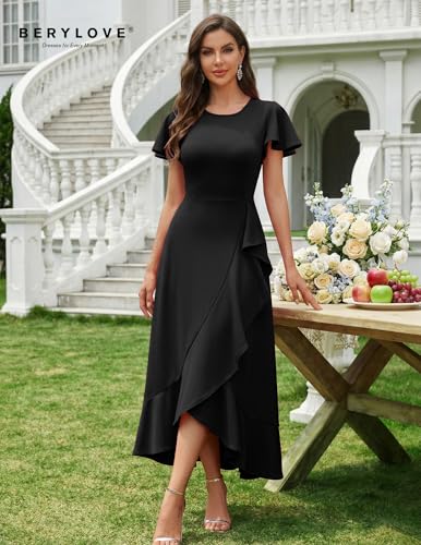 Image of BeryLove Women Formal Party Dress Flutter Short Sleeve Wedding Cocktail Long Evening Dress