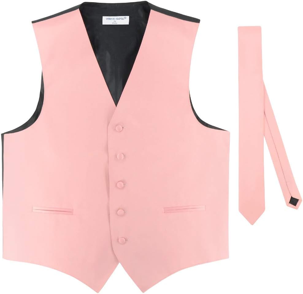 Vesuvio Napoli Men's Dress Vest & Skinny NeckTie Solid Pink Color 2.5" Neck Tie Set