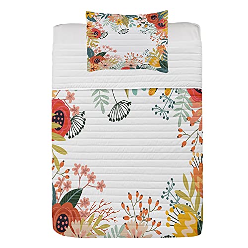 Lunarable Floral Microfiber Bedspread Set, Vintage Exotic Summer Flowers Botanical Natural Framework Colorful Art Illustration, Soft Bedding Set With Pillow Shams & Comforter, Twin Size, Orange #TOP17