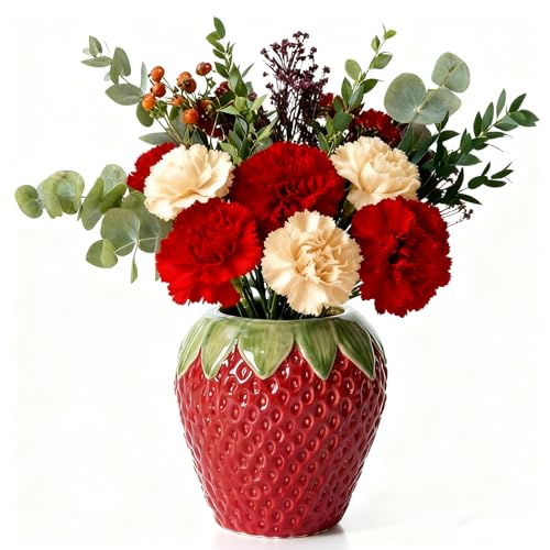 Sixbaola Ceramic Strawberry Vase Cute Fresh Flowers Vases Fruit Vases for Strawberry Party Kitchen Decor(Red)