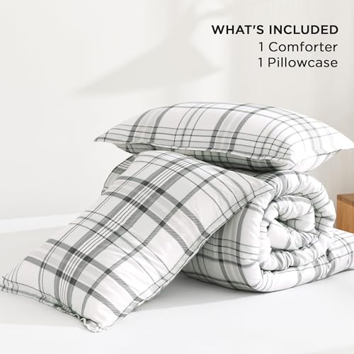 Image of Andency Green White Plaid Comforter Set Twin(66x90 Inch), 2 Pieces Preppy Grid Gingham Stripes Bedding Comforter Sets for Boys Girls Kids, Green Line Soft Lightweight Geometric Reversible Bed Set