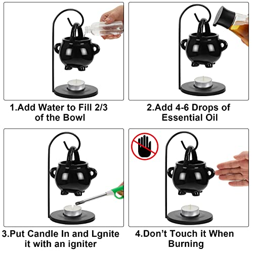 2 Pcs Hanging Cauldron Pagan Oil Burner With Handle Lid 10 Pcs White Tea Lights Candles Witches Witchcraft Home Black Christmas Wax Warmer Diffuser Ceramic Witches Cauldron #TOP5