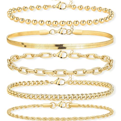 Gold Bracelets for Women Stack Non Tarnish, 14K Gold Plated Stackable Bracelets Set for Women Trendy, Waterproof Simple Jewelry Sets Gifts Inclued Beaded/Cuban/Paperclip/Herringbone/Rope Link Chian, Fashion Accessories