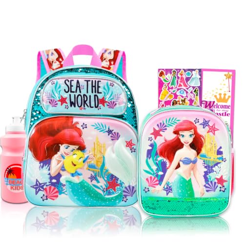 Disney Mochila Pequena Sereia com Lancheira – Pacote com Mini Mochila Escolar Pequena Sereia de 30 cm, Lancheira, Adesivos, Garrafa de Água, Mais | Mochila Ariel para Crianças