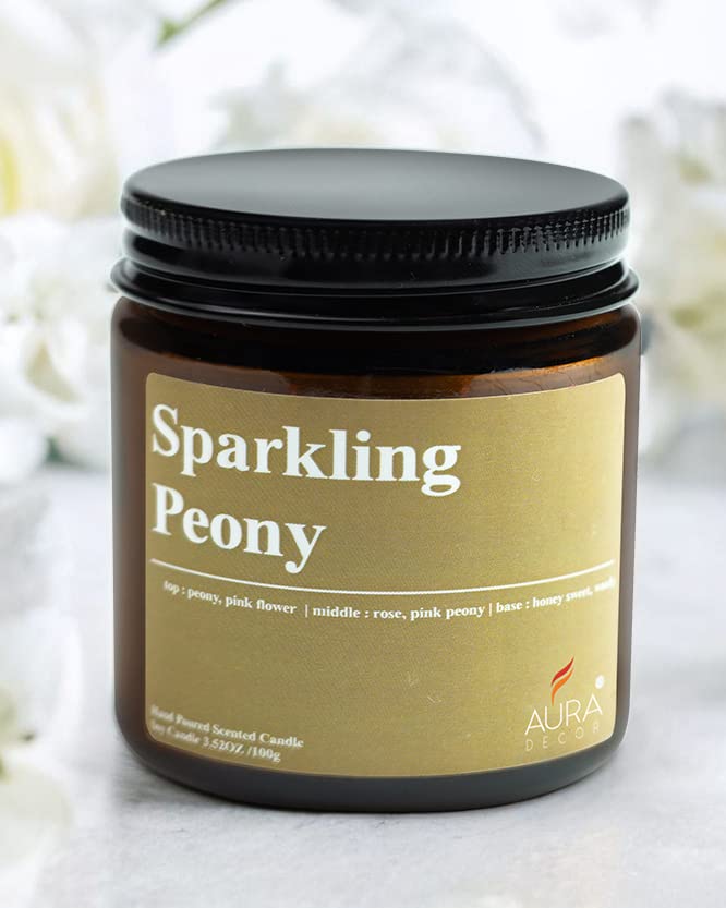 Image of AuraDecor Sparkling Peony Scented Jar Candle | 100gm Handpoured Soy Wax Candle with 30 hr Burn Time | Premium Amber Jar Aromatherapy Candle | Ideal Gift for Home & Decor