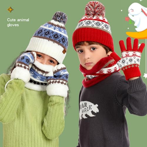 SK Studio Kids Winter Hat Gloves Scarf Set, Girls Boys Beanie with Pom Neck Warmer Gaiter Mittens Fleece Lined Set Toddler3
