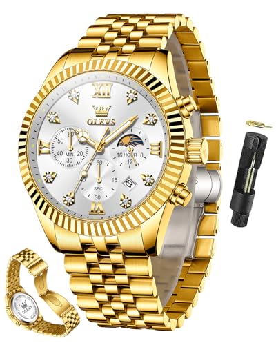 Image of OLEVS Watch for Men Analog Quartz Stainless Steel Moon Phase Calendar Chronograph Diamond Watches Waterproof Wrist Watch Luminous