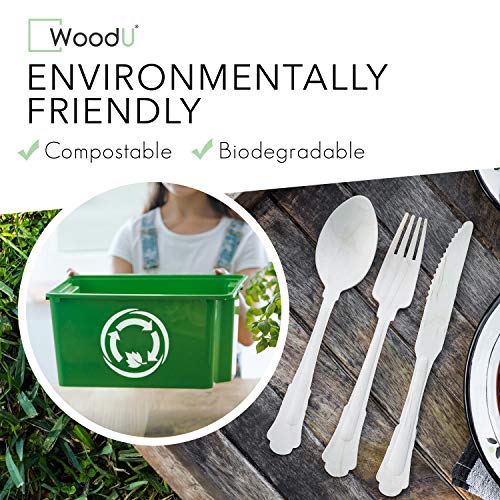 Woodu Elegant Disposable Wooden Forks, Spoons, Knives Set - 100% All-Natural, Eco-Friendly And Compostable - Alternative To Plastic Cutlery - Eco Biodegradable Replacements (Utensils 300 Pc) #TOP2