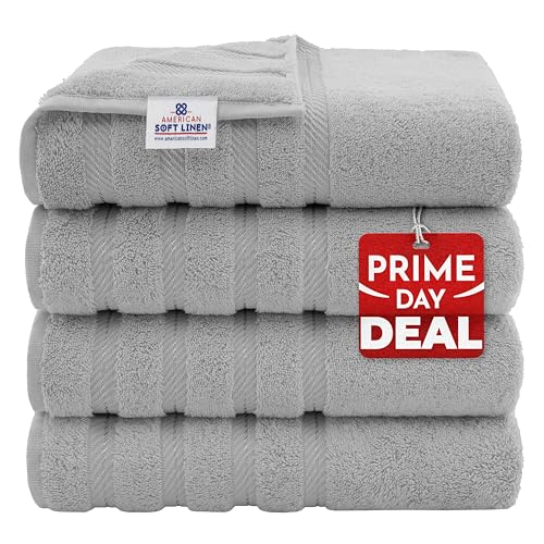 American Soft Linen Luxury 4 Piece Bath Towel Set, 600 GSM 100% Cotton Turkish Bath Towels for Bathroom, 27x54 in Large Bathroom Shower Towels, Light Grey