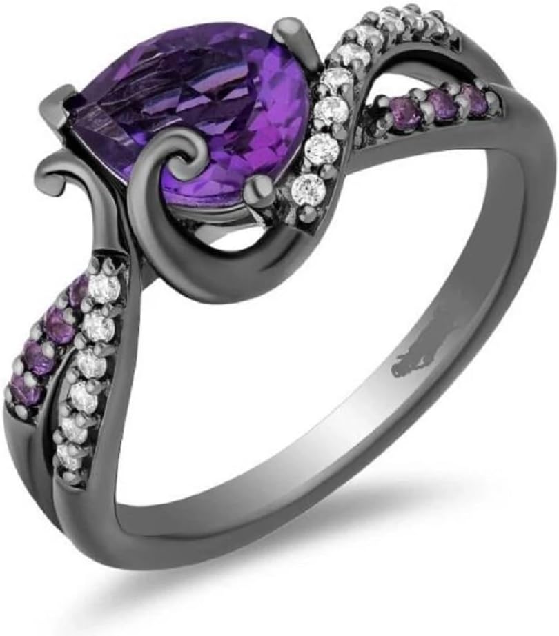 Created Pear Cut Simulated Purple Amethyst & Diamond 925 Sterling Silver 14K Black Gold Plated Wedding Engagement Anniversary Ring for Women