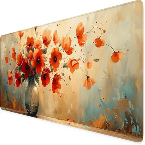 Blomma Musmatta xxl 1200 x 600 mm, utökad röd musmatta med halkfri naturgummibas, sydda kanter skrivbordsmatta förbättrar noggrannhet och hastighet, skrivbordstillbehör t1-20K