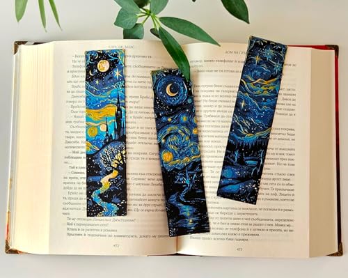 Image of Set of 3 Premium Bookmarks | Great Wave Hokusai Art Inspired, Anime Inspired & Koi Fish | Elegant Frame with Tassel | Perfect Gift for Readers & Collectors | Eco-Friendly Bioplastic (Starry Nights)