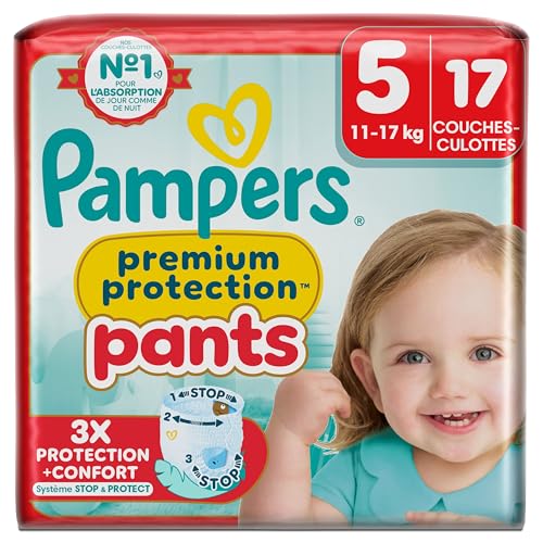 Pampers Premium Protection Pants Taille 5, 17 Couches-Culottes, 11kg-17kg, Avec un Maintien 360° et des Barrières Anti-fuites Douces 2 fois plus larges...