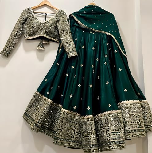 Image of Suppar Sleave Women's Embroidered Vichitra Silk Lehenga Choli Dupatta Set Semi-Stitched Blouse and Fit & Flare Style