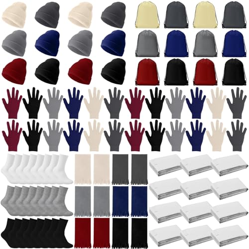 Suhine 72 Pcs Homeless Care Package Supplies Bulk Winter Emergency Blanket Glove Beanies Scarves Sock Drawstring Bag Unisex(Lively Color)