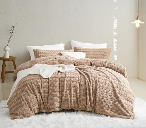 Lanqinglv Plush Bed Linen 135 x 200 cm Faux Fur Khaki Fluffy Winter Bed Linen Warm Cosy Flannel Fleece Cashmere Touch Flannelette Duvet Cover with Zip and 1 Pillowcase 80 x 80 cm
