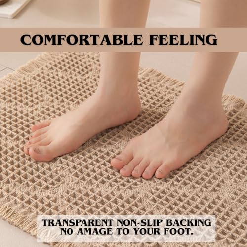 Image of HomeCloud Waffle Bath Mat, Super Absorbent Non Slip Mats for Bathroom Floor, Machine Washable Bathroom Rugs with Tassels,Ultra Soft (T.Beige)