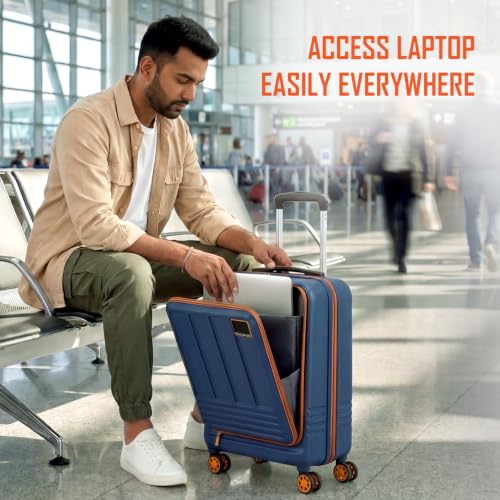 Image of Safari Genius Cabin Trolley Bag with Laptop Compartment, Hardside Polycarbonate Small (55cm) Suitcase | 360 8 Wheel Spinner Travel Luggage| Recessed Combination Lock|Paradox| Graphite Blue