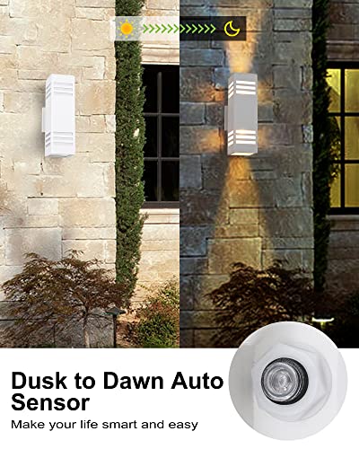 Image of Housen Solutions Dusk to Dawn Outdoor Lighting, IP65 Waterproof Exterior Light Fixtures, 2 Pack Sensor Porch Light Outdoor Wall Sconce for House Garage, Matte White Aluminum