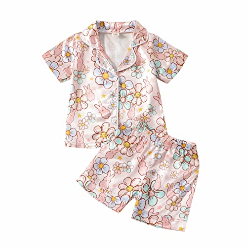 Toddler Girl Satin Summer Pajamas Set Short Sleeve Button-Down Top Shorts 2Pcs Floral Loungwear Sleepwear Pjs