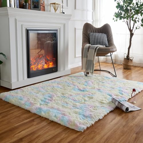 Obundi Regenbogen Hochflor Teppich Wohnzimmer,Weich Teppich Waschbar für Küche,Flauschiger rutschfest Teppiche Kinderzimmer,Shaggy Moderner Bettvorleger Schlafzimmer (Regenbogen,120x160cm)