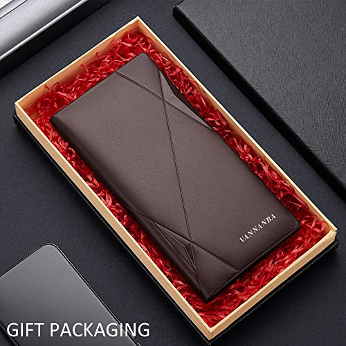 VANNANBA Long Slim Wallet for Men RFID Blocking Leather Checkbook Wallet,Thin Bifold Credit Card Holder with ID Window & Gift Box(Dark Brown)4