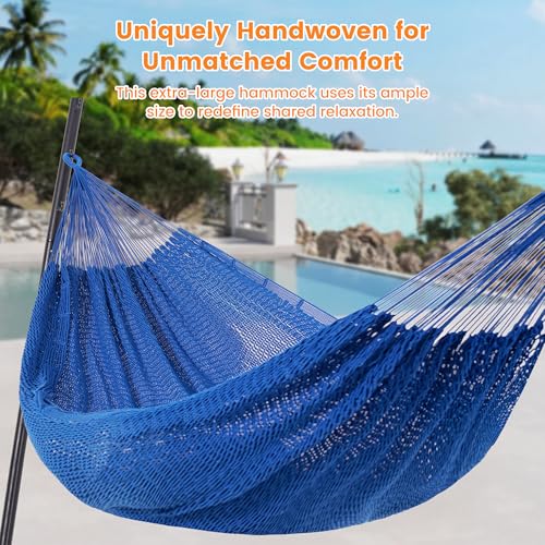 Image of Lazy Daze Hammocks Handwoven XL Mayan Hammock, 10.5 FT Soft Rope Double Hammocks, Portable Outdoor Hammock with Carry Bag, 2 Straps & Carabiners for Patio Outside, 550 lbs Weight Capacity, Blue
