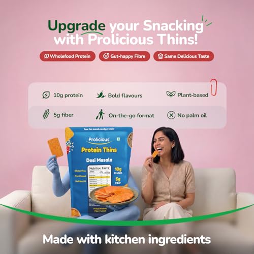 Image of Prolicious Healthy Protein Thin Chips| 10g Protein & 5g Fibre Per Pack Per Pack Per Pack |Vegan Snack| Gluten Free |Jain|No Maida |No Palm Oil| 50g (Pack of 3)| Desi Masala