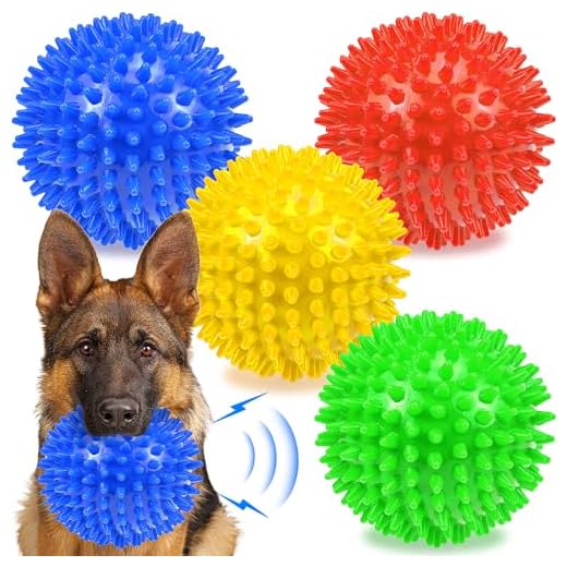 Ousiya Pelotas para perros de 4.5 pulgadas, juguetes chirriantes para perros masticadores agresivos, bolas de dentición resistentes, grandes, medianas y duraderas (paquete de 4)