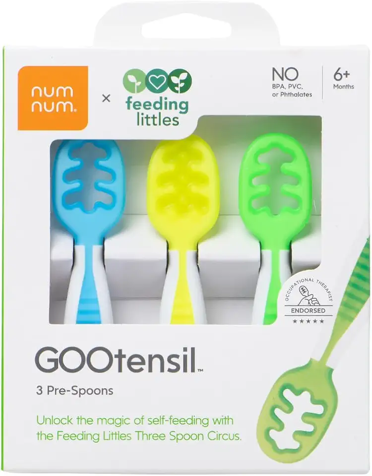 NumNum Baby Spoons Set, Feeding Littles x Silicone Pre-Spoon GOOtensils for Baby Led Weaning, Self-Feeding &amp; Teething, First Stage Toddler Utensils for Ages 6+ Months, 3-Pack, BPA-Free (Neon)