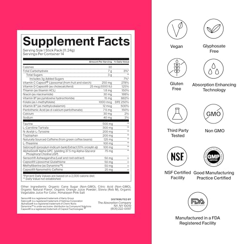 Image of The Absorption Company Energy Drink Powder Mix Packets - Clean Energy Booster to Support Alertness with 150mg Natural Caffeine & Vitamin C - Fruit Punch Flavor, 14 Sticks