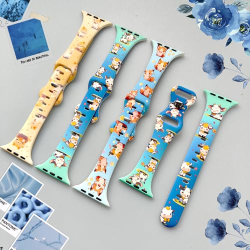 Image of Slim Cute Cartoon Band Printed Compatible with Apple Watch Bands 49mm 46mm 45mm 44mm 42mm 41mm 40mm 38mm Women, Silicone Adorable Printed Fadeless Pattern Design Strap for iWatch Series 11 10 9 8 7 6 5 4 3 2 1SE Cow