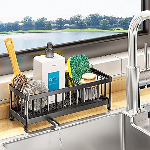 Sponge Holder for Kitchen Sink, Sink Caddy, Rustproof 304 Stainless Steel Dish Sponge Organizer with Divider, Soap Dish Dispenser Brush Holder Storage, Black Cover