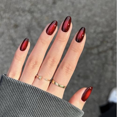 Nymora 24 Pcs Dark Red Almond Press on Nails Set - Gothic Halloween False Nails, Cat Eye Medium Stiletto Press ons for Women Girls, Sparkly Burgundy Jelly Gel Wearable Jelly Gradient Nail