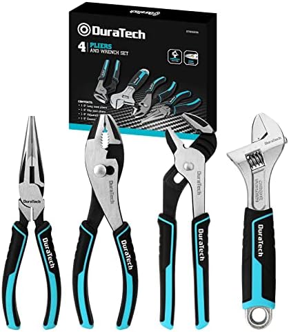 DURATECH 4-Piece Pliers Set, 8" Long Nose Pliers, 8" Slip Joint Pliers, 8" Groove Joint Pliers and 8" Adjustable Wrench, for Home Use