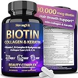 StrongVit Biotin with Hyaluronic Acid, Keratin and Collagen Supplements - 10000mcg for Hair Growth Women and Men - Hair Skin and Nails Vitamins - 60 Capsules