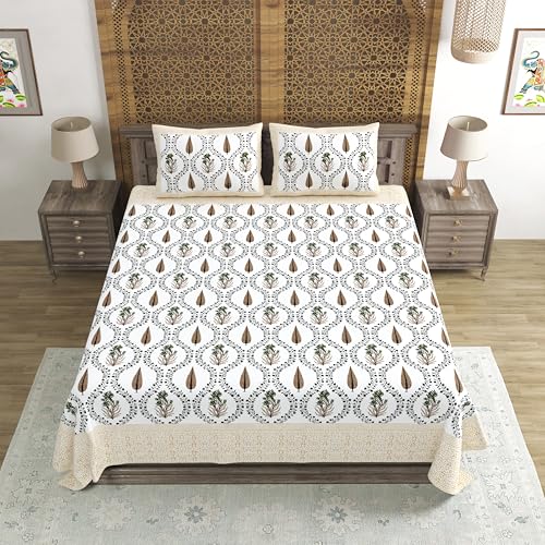 Image of BLOCKS OF INDIA Hand Block Printed 200 TC Cotton Super King Size Bedsheet(106 x 106) | Pack of 1, Cream Brown Patti