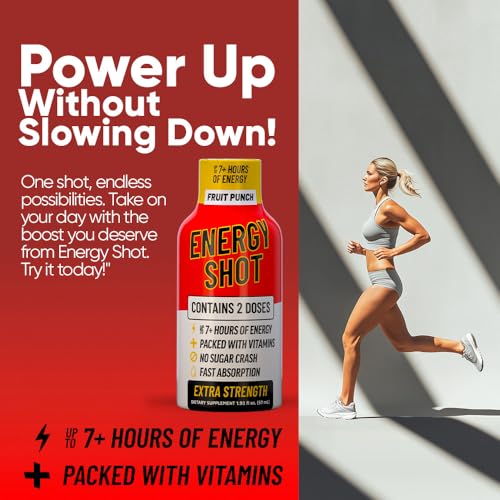 Image of Fruit Punch Extra Strength Energy Shot 10 PK - 260mg Natural Caffeine B12 B6 - Energy & Focus Support - 2 Servings Sugar Free Zero Calorie Green Tea B-Vitamins Electrolytes Vegan - 1.93 fl oz
